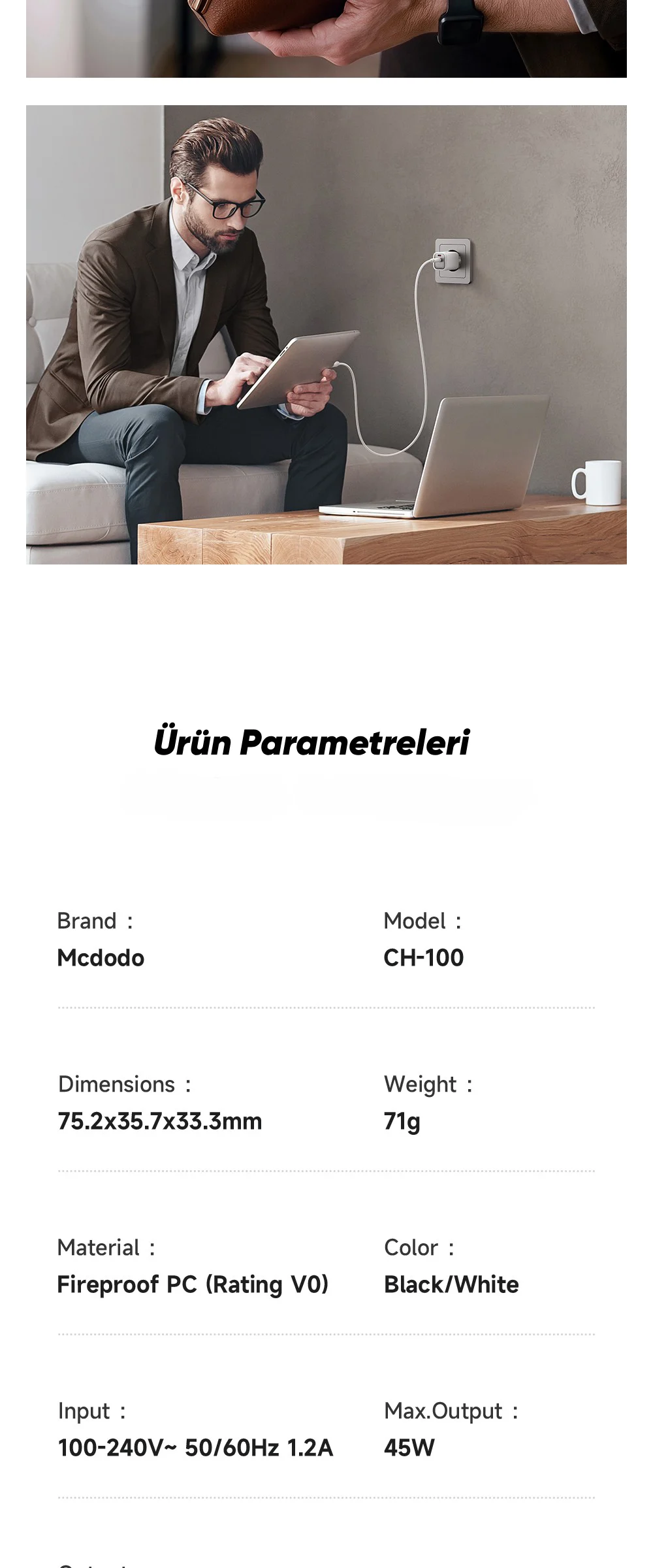 Mcdodo CH-1001 GaN Serisi 45W 2C Mini GaN Şarj Cihazı Beyaz ürün afişi · bölüm 7