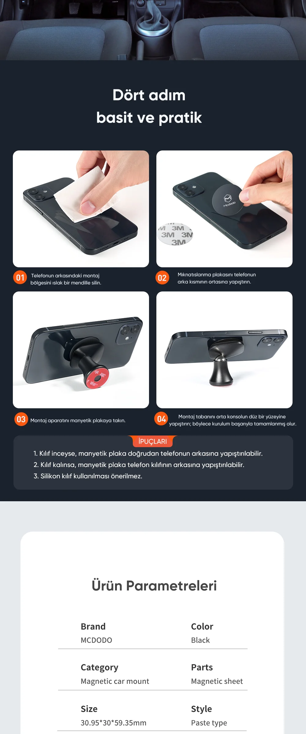 Mcdodo CM-8490 360° Dönebilen Magnetic Araç Tutucu Siyah ürün afişi · bölüm 8
