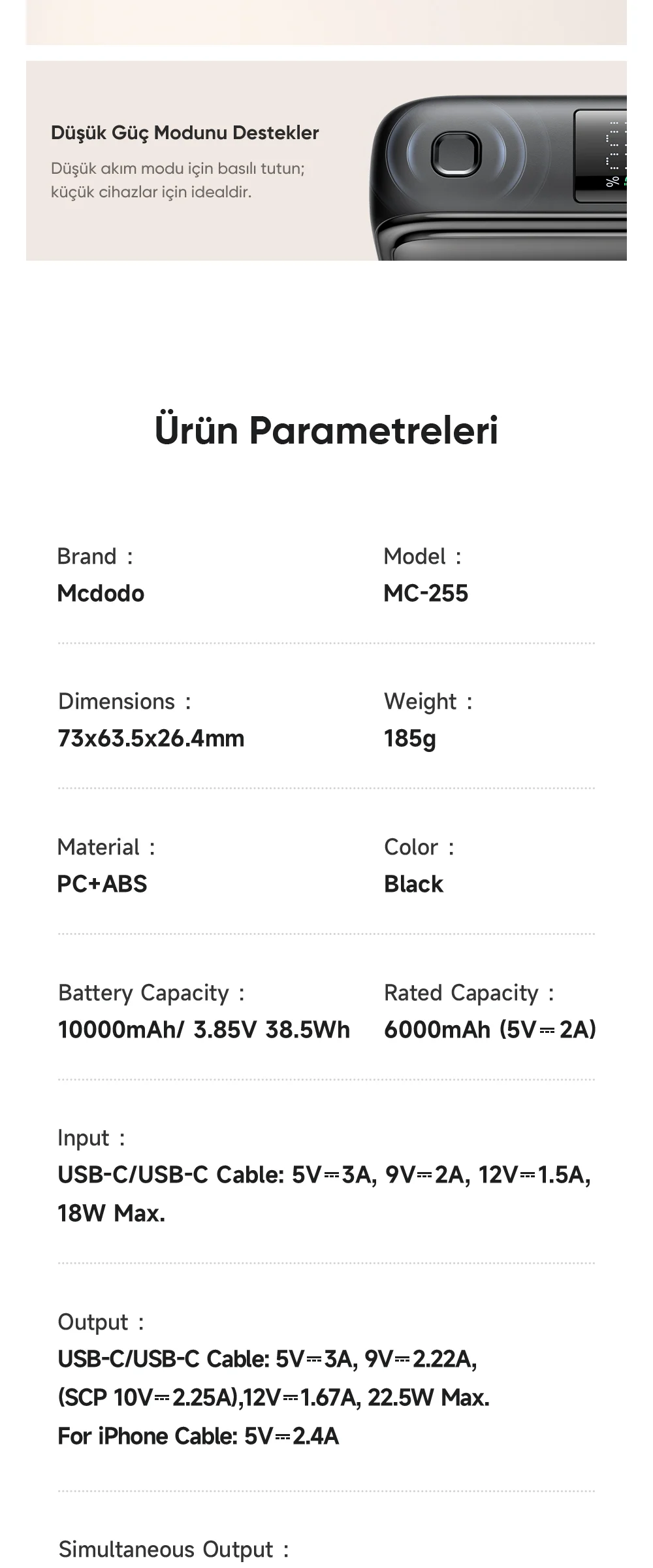 Mcdodo MC-2550 10000mAh 22.5w Dahili Kablolu Mini Powerbank ürün afişi · bölüm 8